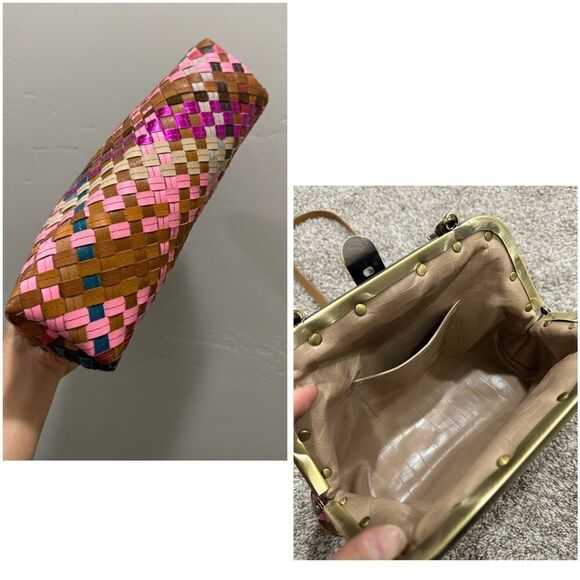 Colorful Genuine Woven Leather Retro Metal Frame & Push Lock Handbag, Crossbody - Picture 16 of 16